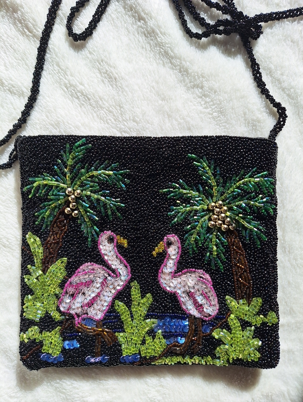 Vintage Tropical Flamingo Beaded Crossbody Bag Black Palm Tree Evening Purse